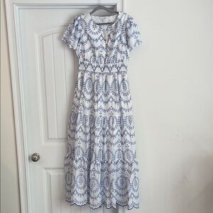 crown & ivy White Maxi Dress with Blue Embroidery